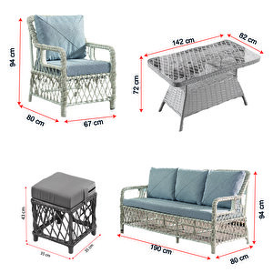 Edra Rattan Puflu Bahçe Balkon Takımı 3+1+1+camlı Masa Gri