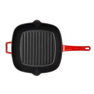 Döküm Kare Izgara Tava Döküm Demir Yekpare Saplı Ölçü 26x26cm. - Kırmızı Ömür Boyu Garantili Ahşap Kaşık Hediyeli