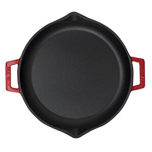 Döküm Yuvarlak Kızartma Tavası Çap(ø)30cm. Döküm Demir Yekpare Çift Kulplu  - Kırmızı