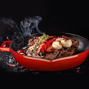 Lava Döküm Yuvarlak Kızartma Tavası Çap(ø)30cm. Döküm Demir Yekpare Çift Kulplu  - Kırmızı