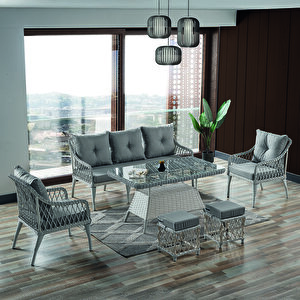 Joy Rattan Puflu Bahçe Balkon Takımı 3+1+1+ Camlı Masa Kemik Rengi
