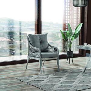 Joy Rattan Puflu Bahçe Balkon Takımı 3+1+1+ Camlı Masa Kemik Rengi