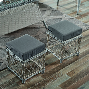 Joy Rattan Puflu Bahçe Balkon Takımı 3+1+1+ Camlı Masa Kemik Rengi