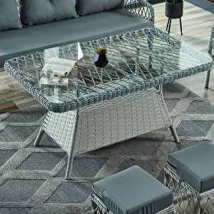 Joy Rattan Puflu Bahçe Balkon Takımı 3+1+1+ Camlı Masa Kemik Rengi