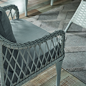 Joy Rattan Puflu Bahçe Balkon Takımı 3+1+1+ Camlı Masa Kemik Rengi