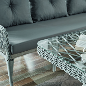 Joy Rattan Puflu Bahçe Balkon Takımı 3+1+1+ Camlı Masa Kemik Rengi