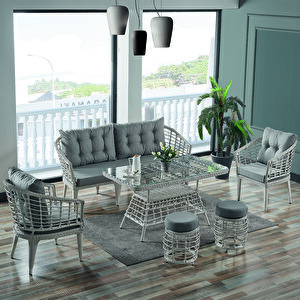 Albatros Rattan Puflu Bahçe Balkon Takımı 3+1+1+ Camlı Masa Kemik Rengi