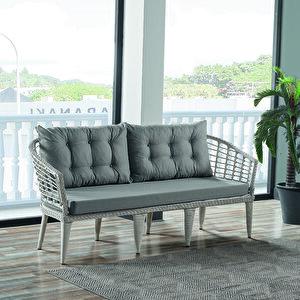 Albatros Rattan Puflu Bahçe Balkon Takımı 3+1+1+ Camlı Masa Kemik Rengi