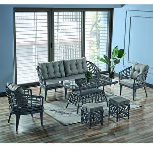Albatros Rattan Puflu Bahçe Balkon Takımı 3+1+1+ Camlı Masa Gri