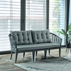 Albatros Rattan Puflu Bahçe Balkon Takımı 3+1+1+ Camlı Masa Gri