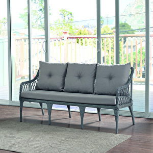 Joy Rattan Puflu Bahçe Balkon Takımı 3+1+1+ Camlı Masa Gri