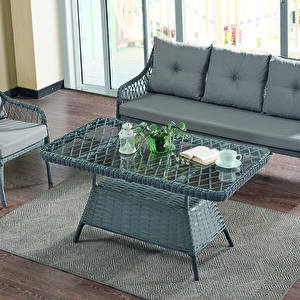 Joy Rattan Puflu Bahçe Balkon Takımı 3+1+1+ Camlı Masa Gri