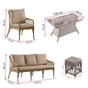 Joy Rattan Puflu Bahçe Balkon Takımı 3+1+1+ Camlı Masa Gri