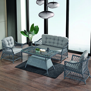 Icon Rattan Bahçe Balkon Oturma Takımı 2+1+1+camlı Masa Gri