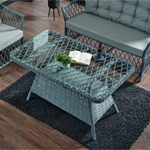Icon Rattan Bahçe Balkon Oturma Takımı 2+1+1+camlı Masa Gri