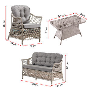 Icon Rattan Bahçe Balkon Oturma Takımı 2+1+1+camlı Masa Gri