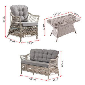 Icon Rattan Bahçe Balkon Oturma Takımı 2+1+1+camlı Masa Gri