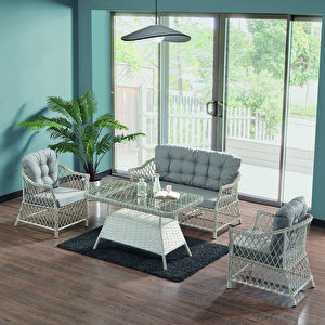 Icon Rattan Bahçe Balkon Oturma Takımı 2+1+1+camlı Masa Kemik Rengi