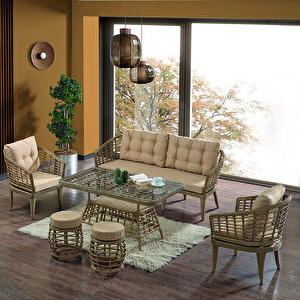 Albatros Rattan Puflu Bahçe Balkon Takımı 3+1+1+ Camlı Masa Cappuccino