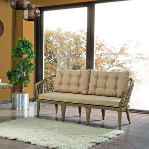 Albatros Rattan Puflu Bahçe Balkon Takımı 3+1+1+ Camlı Masa Cappuccino