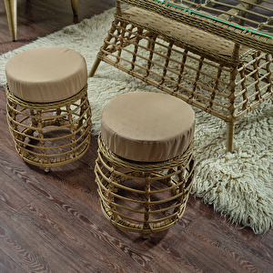 Albatros Rattan Puflu Bahçe Balkon Takımı 3+1+1+ Camlı Masa Cappuccino