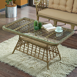 Albatros Rattan Puflu Bahçe Balkon Takımı 3+1+1+ Camlı Masa Cappuccino