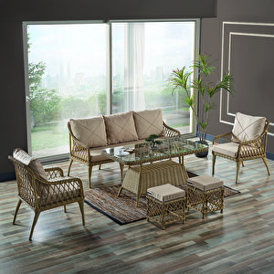 Joy Rattan Puflu Bahçe Balkon Takımı 3+1+1+camlı Masa Cappuccino