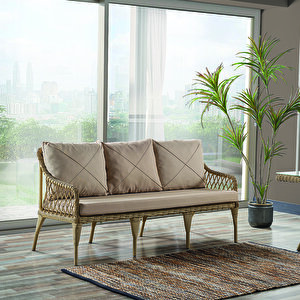 Joy Rattan Puflu Bahçe Balkon Takımı 3+1+1+camlı Masa Cappuccino