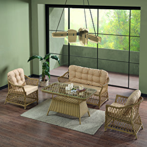 Icon Rattan Bahçe Balkon Oturma Takımı 2+1+1+camlı Masa Cappuccino