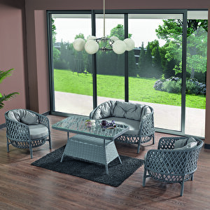 Konfor Rattan Bahçe Balkon Oturma Takımı 2+1+1+camlı Masa Gri