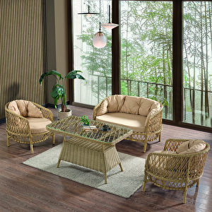 Konfor Rattan Bahçe Balkon Oturma Takımı 2+1+1+camlı Masa Cappuccino