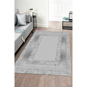 Makinede Yıkanabilir Leke Tutmaz  gümüş Pvc Deri Kaymaz Taban Çerçeve Salon Saçaksız Halı B1320-03 120x180 cm