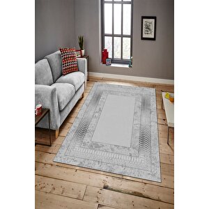 Makinede Yıkanabilir Leke Tutmaz  gümüş Pvc Deri Kaymaz Taban Çerçeve Salon Saçaksız Halı B1320-03 120x180 cm
