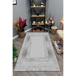 Makinede Yıkanabilir Leke Tutmaz  gümüş Pvc Deri Kaymaz Taban Çerçeve Salon Saçaksız Halı B1320-03 120x180 cm