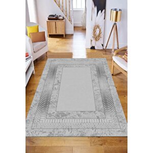 Makinede Yıkanabilir Leke Tutmaz  gümüş Pvc Deri Kaymaz Taban Çerçeve Salon Saçaksız Halı B1320-03