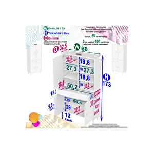 Afra 60x173x32,5 Cm 1 Çekmece 3 Kapak 7 Raf 10 Bölme Çok Amaçlı Banyo & Mutfak Dolabı