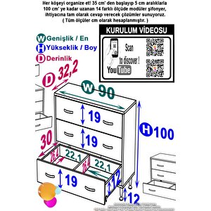 Söke 90x75x32,5 Cm’ Lik 3 Çekmeceli 6 Gözlü Banyo Organizeri Maxi Çok Amaçlı Banyo Dolabı