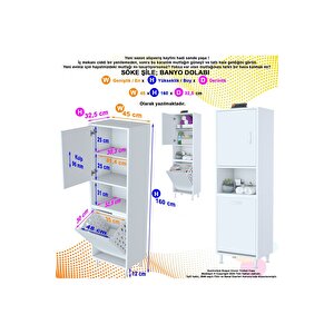 Söke Şile 45 X 160 X 32,5 Cm 3 Raflı 1 Kapaklı Kirli Çamaşır Bölmeli Banyo Dolabı