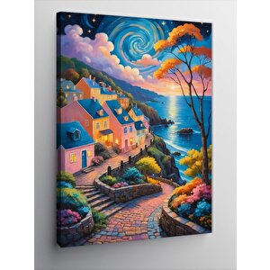 Kanvas Tablo Renkli Köy Manzarası 100x140 cm