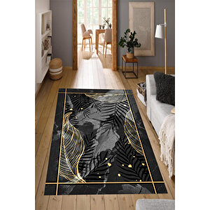 Makinede Yıkanabilir Leke Tutmaz  siyah Pvc Deri Kaymaz Taban Tasarım Salon Saçaksız Halı 170-00 180x280 cm