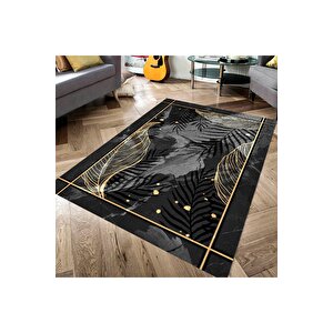 Makinede Yıkanabilir Leke Tutmaz  siyah Pvc Deri Kaymaz Taban Tasarım Salon Saçaksız Halı 170-00 180x280 cm