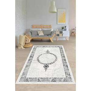 Makinede Yıkanabilir Leke Tutmaz  krem-gri Pvc Deri Kaymaz Taban Göbekli Salon Saçaksız Halı 352-01 80x140 cm