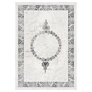 Makinede Yıkanabilir Leke Tutmaz  krem-gri Pvc Deri Kaymaz Taban Göbekli Salon Saçaksız Halı 352-01 80x140 cm