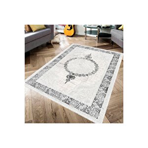 Makinede Yıkanabilir Leke Tutmaz  krem-gri Pvc Deri Kaymaz Taban Göbekli Salon Saçaksız Halı 352-01 80x140 cm