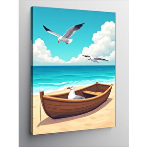 Kanvas Tablo Kumsalda Kayık Ve Martılar 100x140 cm