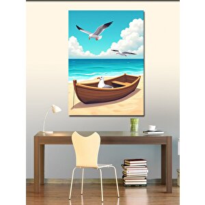 Kanvas Tablo Kumsalda Kayık Ve Martılar 100x140 cm