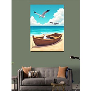 Kanvas Tablo Kumsalda Kayık Ve Martılar 100x140 cm