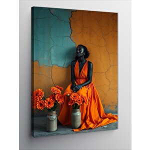 Kanvas Tablo Turuncu Elbiseli Kadın 100x140 cm