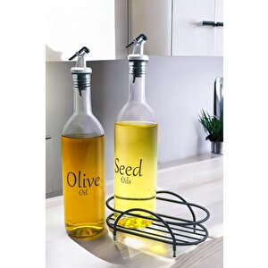 Luxe 2'li Siyah Metal Standlı Yağdanlık Seti Şeffaf Etiketli Cam Yağlık 750 Ml Cys-09