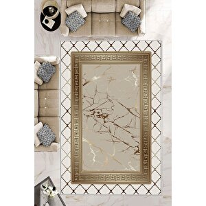 Makinede Yıkanabilir Leke Tutmaz  krem-vizon Pvc Deri Kaymaz Taban Versace Salon Saçaksız Halı B1281